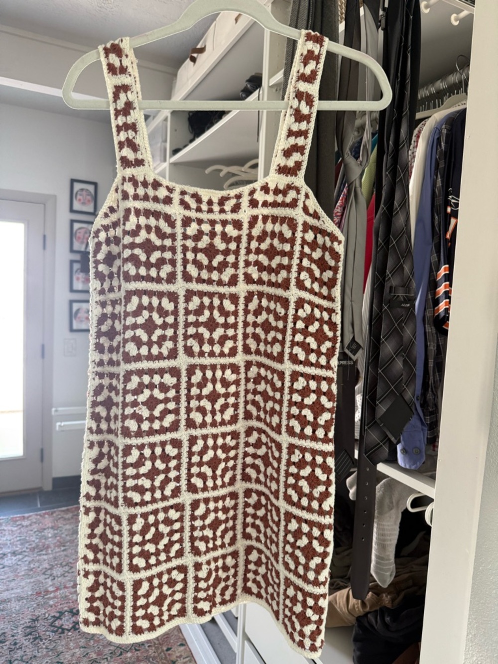 Marine Layer Celeste Brown & Cream Crochet Square-Pattern Mini Dress